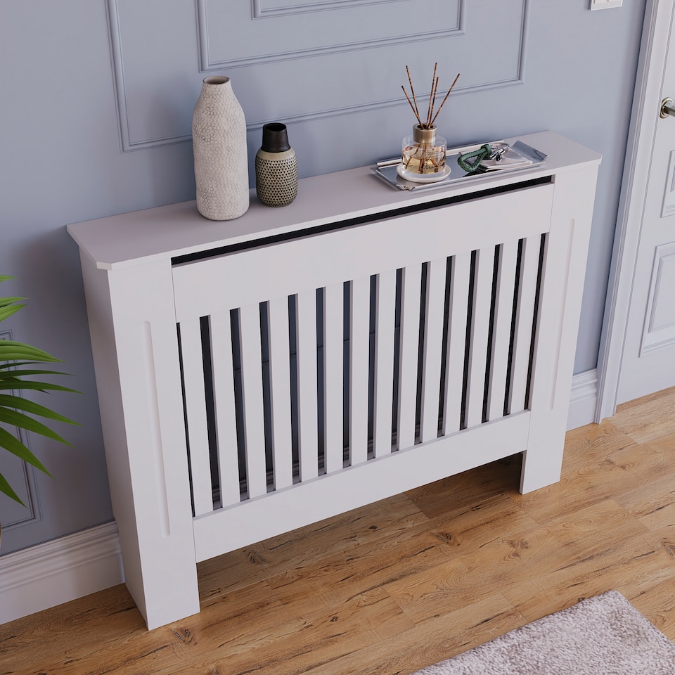 image 1 of Vida Designs Chelsea Radiator Cover Painted MDF Slatted Cabinet, White, 112cm