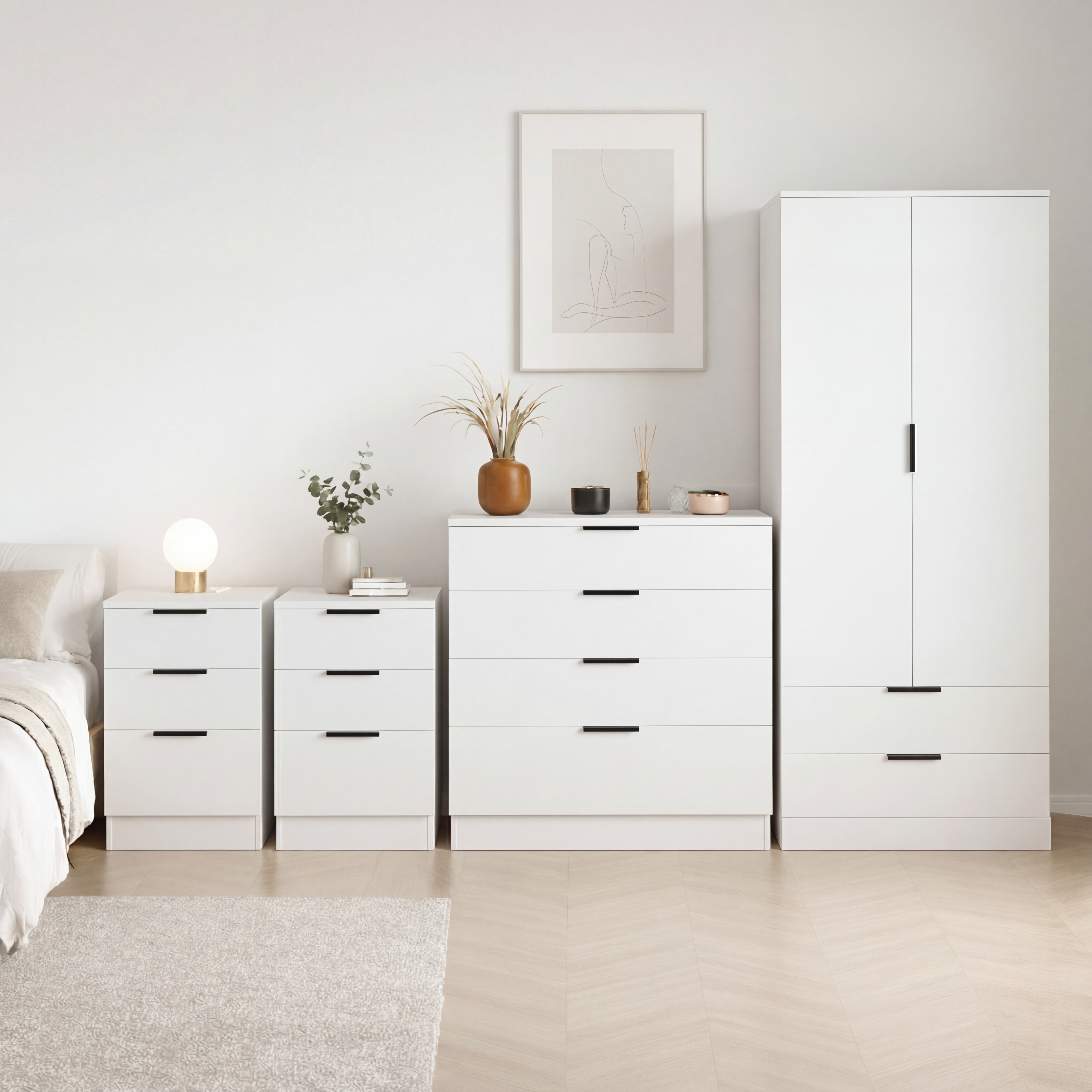 Vida Designs Trega 4 Piece Bedroom Set (3 Drawer Bedside Chest x2, 4 Drawer Chest, 2 Door 2 Drawer Wardrobe) White