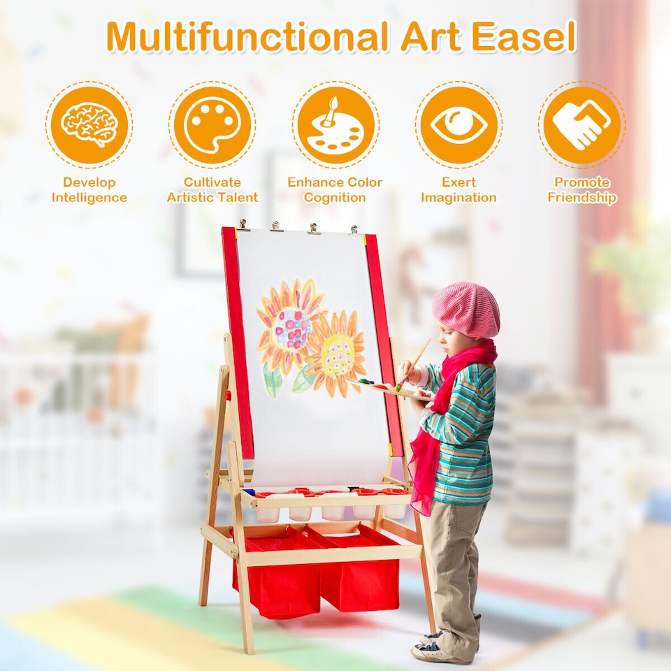 image 1 of COSTWAY 3-in-1 Wooden Kids Art Easel Magnetic Double Sided Easel Blackboard Whiteboard