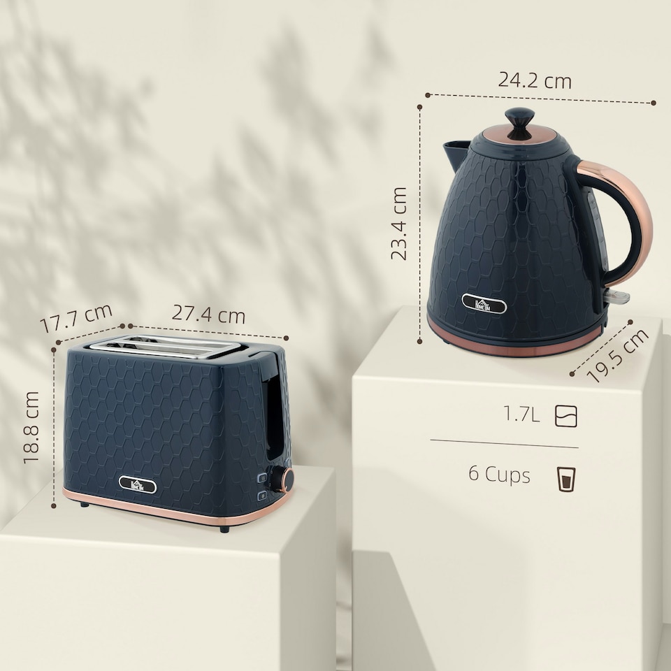 image 1 of HOMCOM Kettle and Toaster Set 1.7L Fast Boil Kettle & 2 Slice Toaster Set Blue