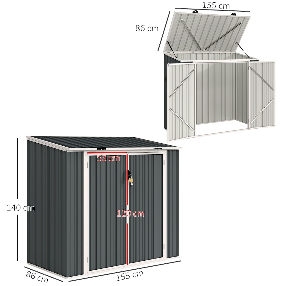 image 1 of Outsunny 2-Bin Steel Rubbish Storage Shed w/ Double Locking Doors, Openable Lid