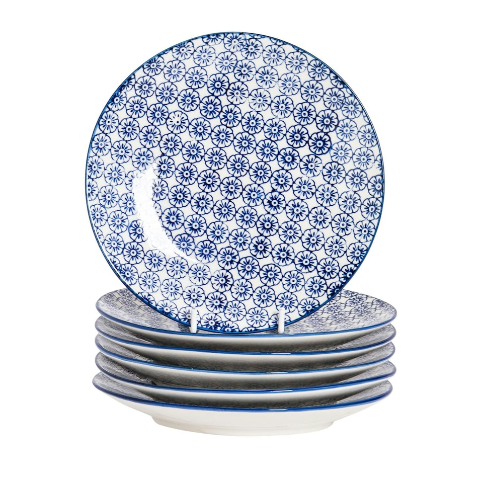image 1 of Nicola Spring Hand-Printed Side Plates - 18cm - Navy - Pack of 6 Blue