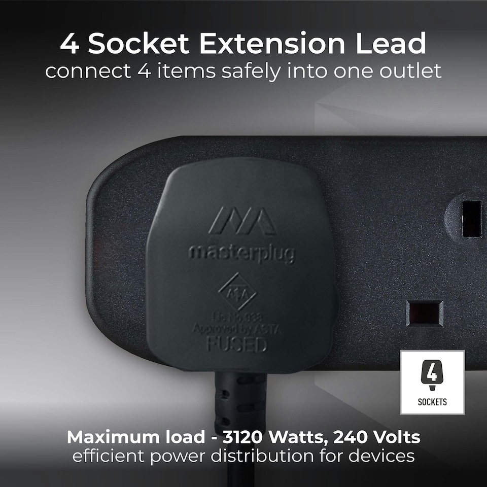 image 1 of Masterplug 4 Socket Extension Lead with 2m Cable, Wall-Fixing, Black