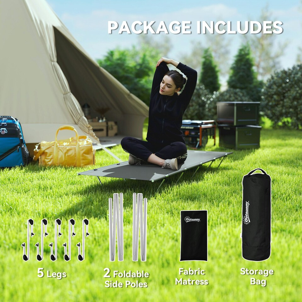 image 1 of Outsunny Lightweight Camping Cot Portable Compact Sleeping Bed w/ Carry Bag Grey | Dark Grey