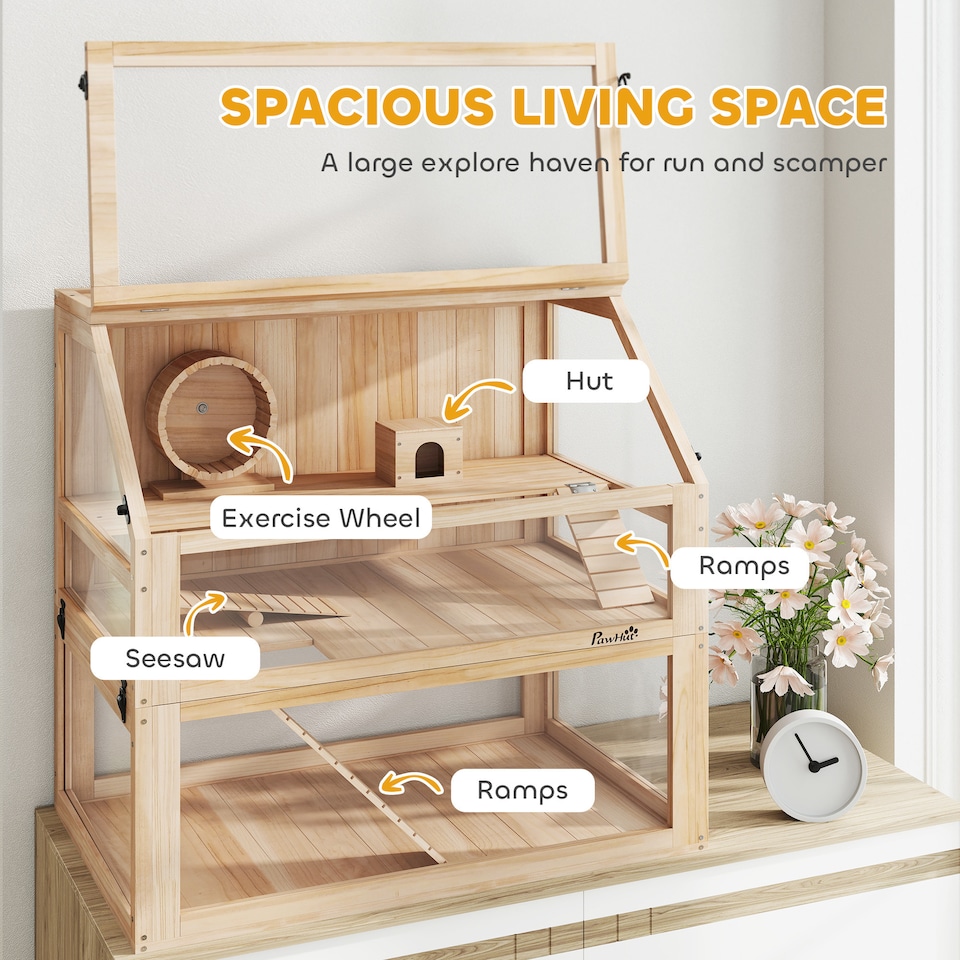 image 1 of PawHut Wooden Hamster Cage w/ Detachable Bottom, Hut, Seesaw, Natural