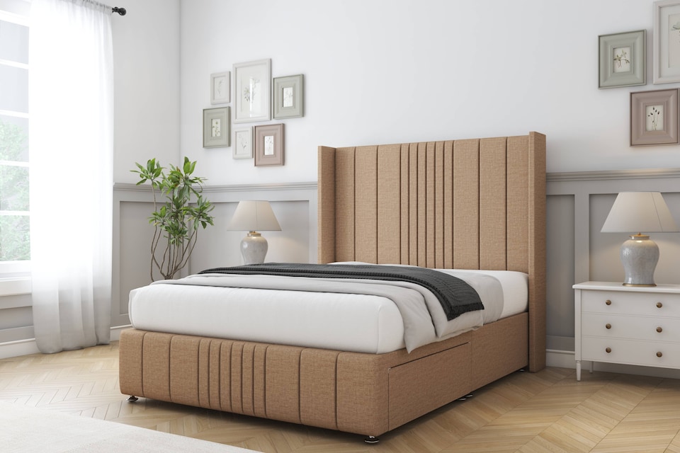 image 1 of Sloomy Hargrave Latte Dumfries Divan Bed With Mattress 2 Drawers Footend With 54" Wingback Headboard & 12" Matching Footboard 4' Small Double | Brown | Latte | Small Double | 1