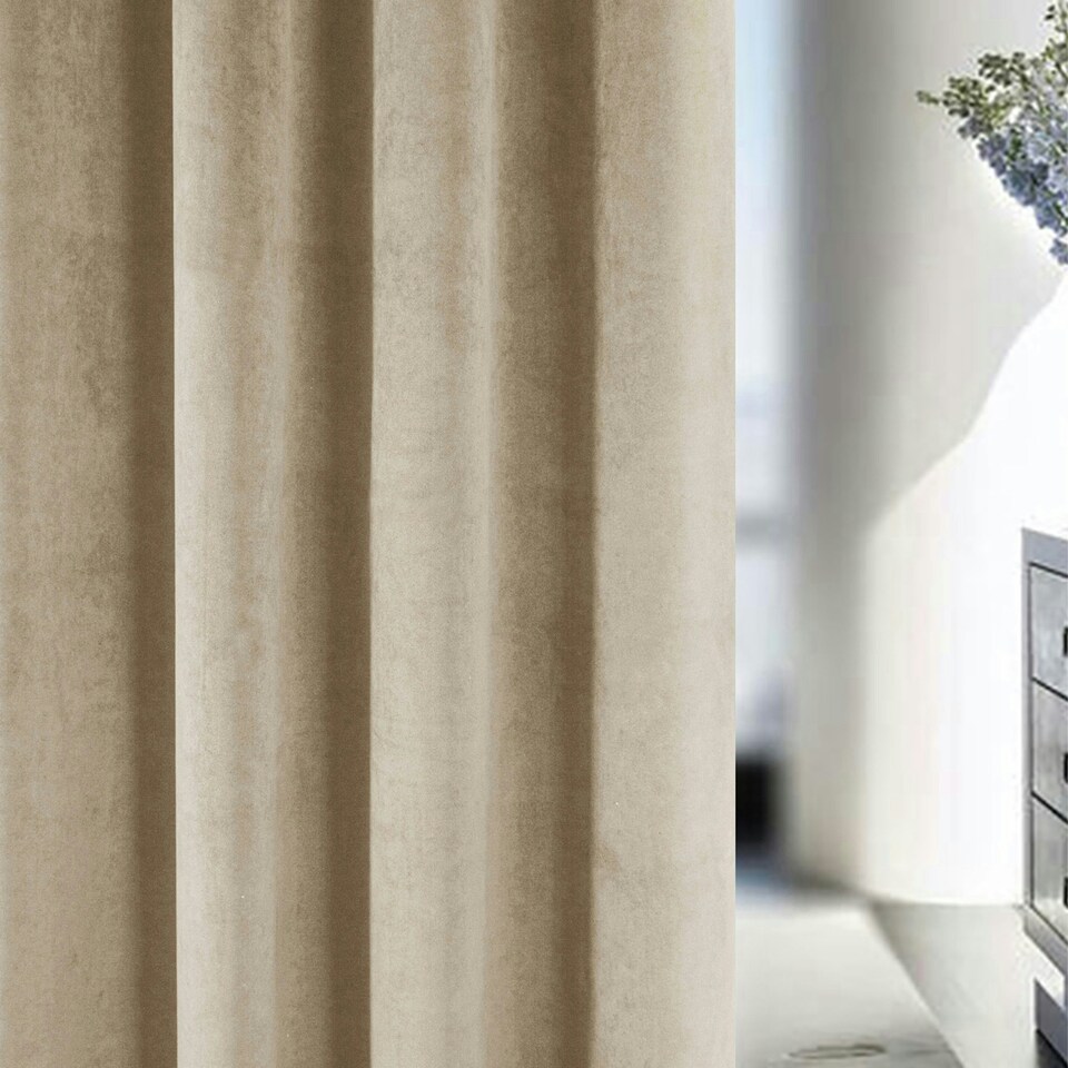 image 1 of Oxford Cream Velvet Curtains 90 x 72 inch (229 x 183 cm) 100% Blackout Pencil Pleat Thermal Noise Reducing Curtains for Bedroom and Living Room