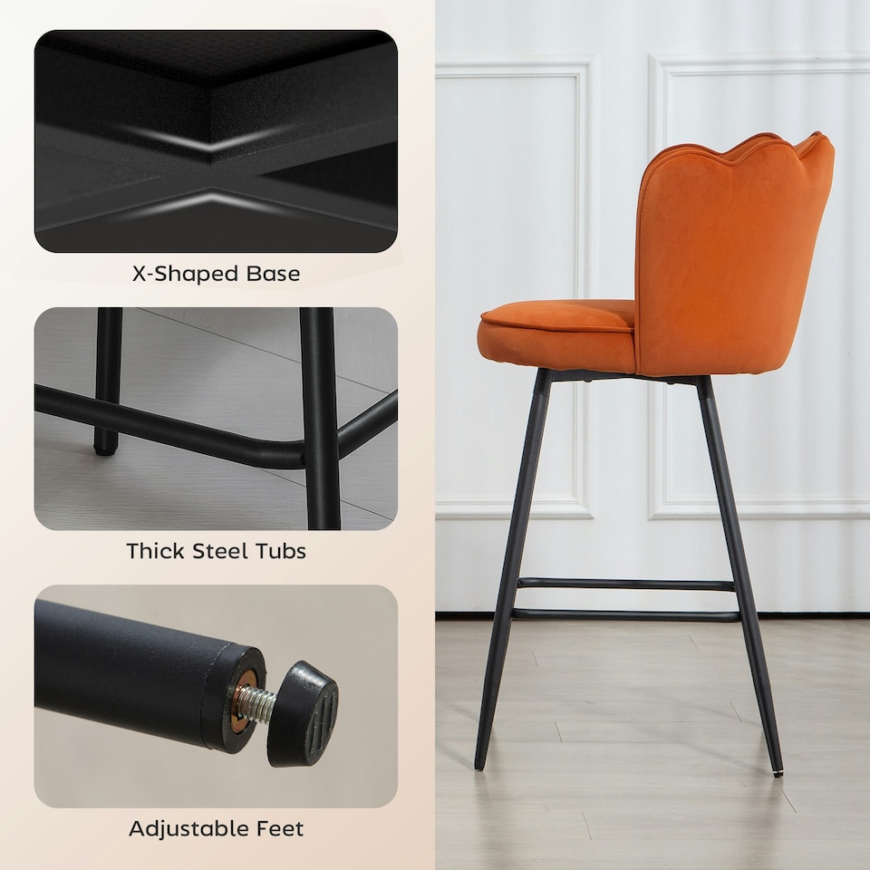 image 1 of HOMCOM Set of 2 Barstools with Petal Backrest for Kitchen Island Orange | Orange | 54W x 55D x 97H cm | 2