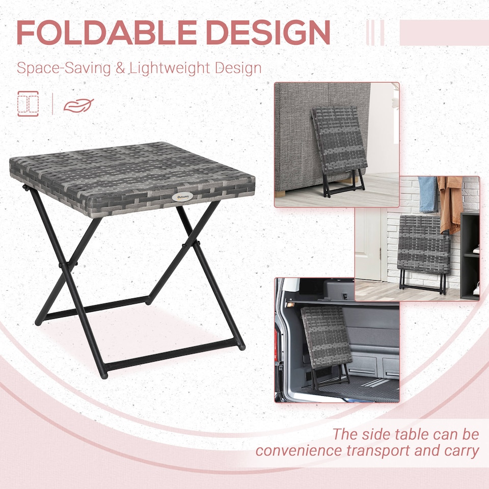 image 1 of Outsunny Folding Square Rattan Coffee Table w/ Steel Frame Bistro Garden Grey