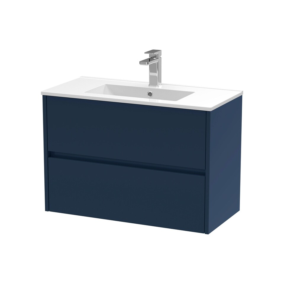 image 1 of Balterley Chartley Contemporary 2 Drawer Wall Hung Vanity Unit with Minimalist Basin, Midnight Blue, 800mm