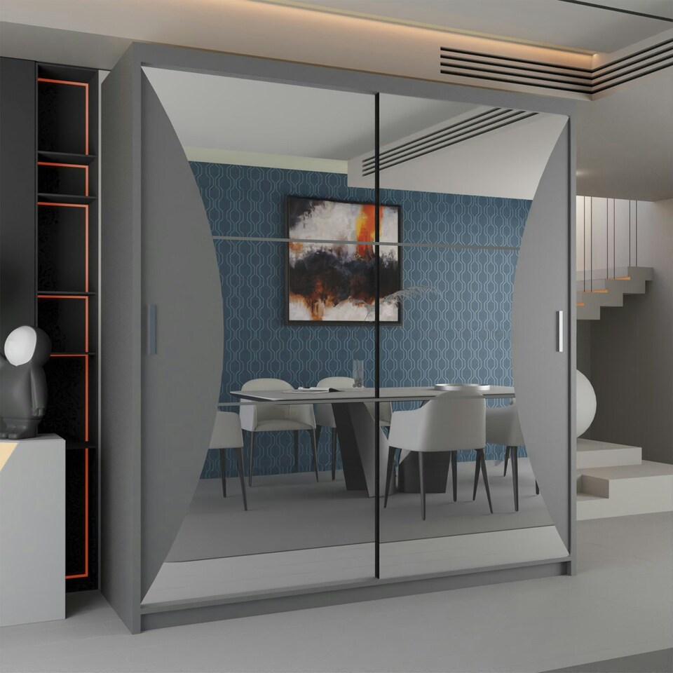 image 1 of Sleek Sliding Wardrobe 203cm with Curved Mirror Design | White, Black, Grey Finish Grey | Grey203cm