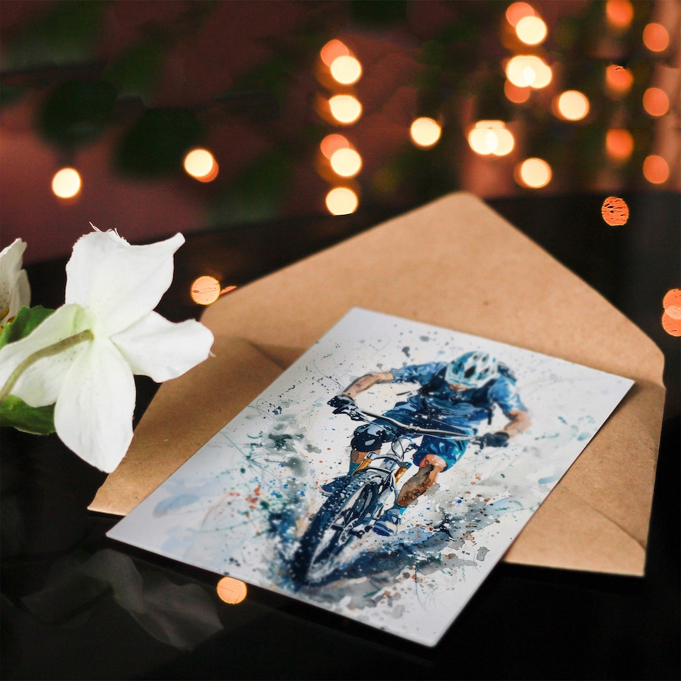 image 1 of Greeting Card Mountain Biker Action Shot Paint Splat Portrait Birthday
