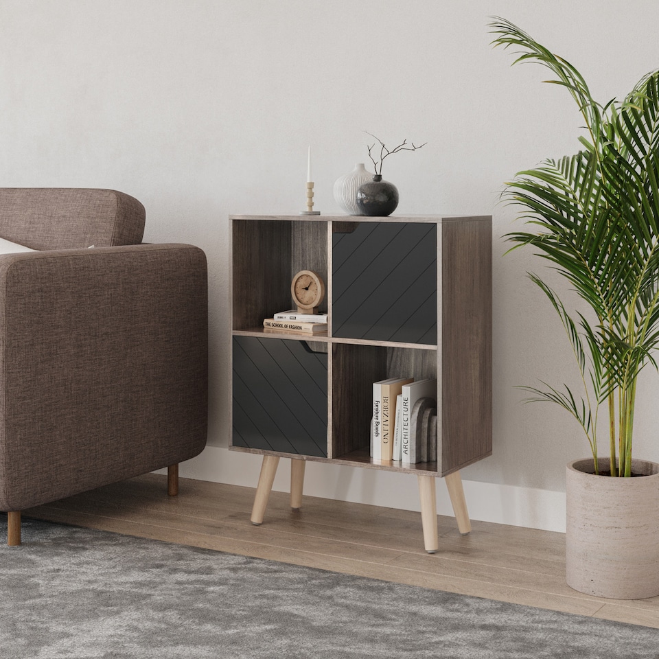 image 1 of Anthracite Oak 4-Cube Storage Unit with 2 Line Doors and Legs | Black | Black & Pine | 1