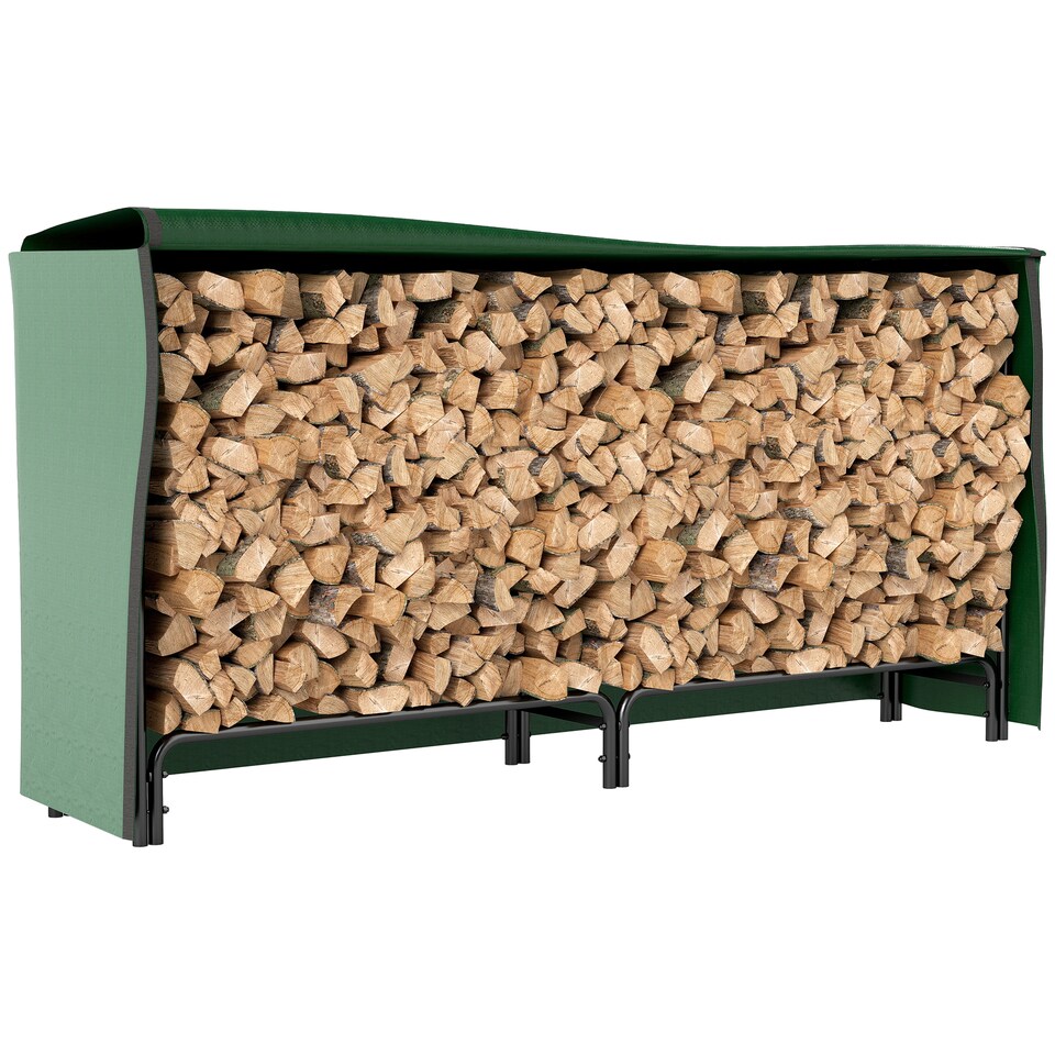 image 1 of Outsunny Firewood Rack with Waterproof Cover, Heavy Duty Metal Log Store Indoors, Log Storage Holder for Outdoor Indoor Fireplace, 200 x 36 x 99 cm, Dark Green