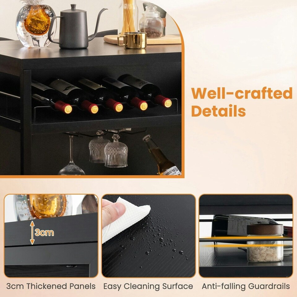 image 1 of COSTWAY Industrial Wine Bar Cabinet Kitchen Storage Sideboard Black Black