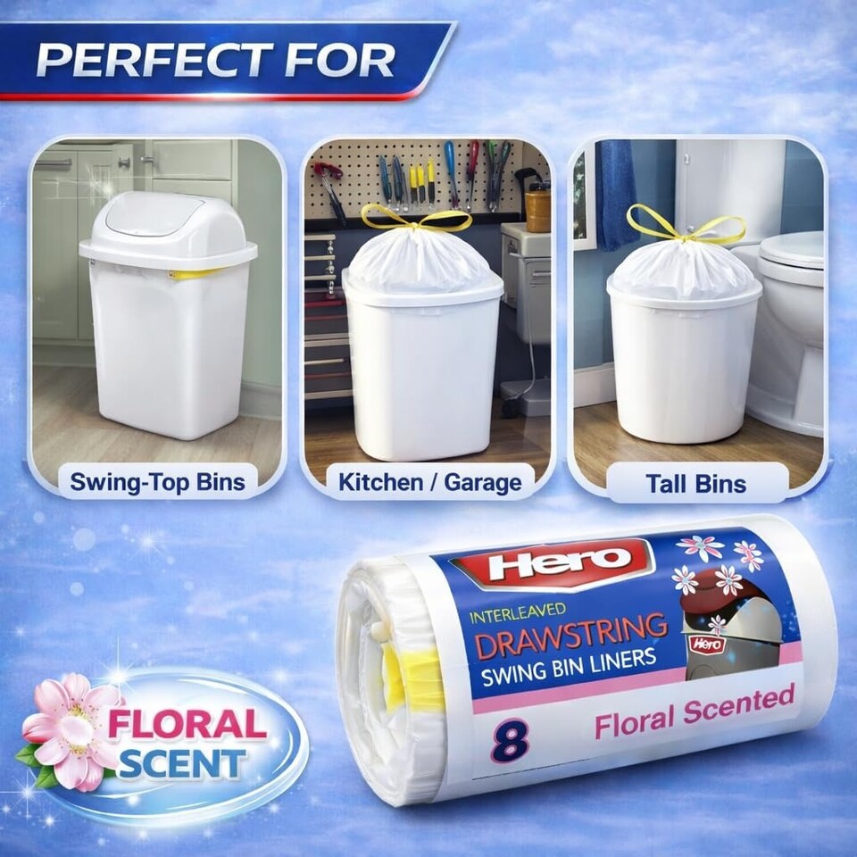 image 1 of Hero 60L Floral Scented Drawstring Bin Liners – Strong Tear Resistant White Refuse Sacks | Easy Dispense Roll of 8 for Home, Office & Commercial Use