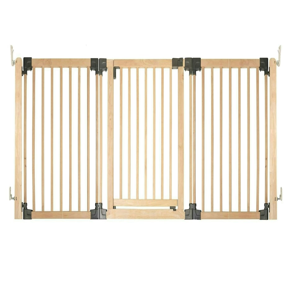image 1 of Safetots Wooden Multi Panel Room Divider, up to 216cm, Natural Wood, 76cm Tall, Multi Panel Flexible Room Barrier, Room Divider with Door for Baby Cream | Natural