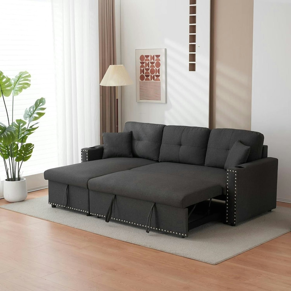 image 1 of Sofabed 3 Seater Reversible Sectional Sofa Sleeper Set with Storage Chaise, Built-in Cupholder, Decorative Rivets, Pull-out Bed, and Dark Grey Fabric Grey