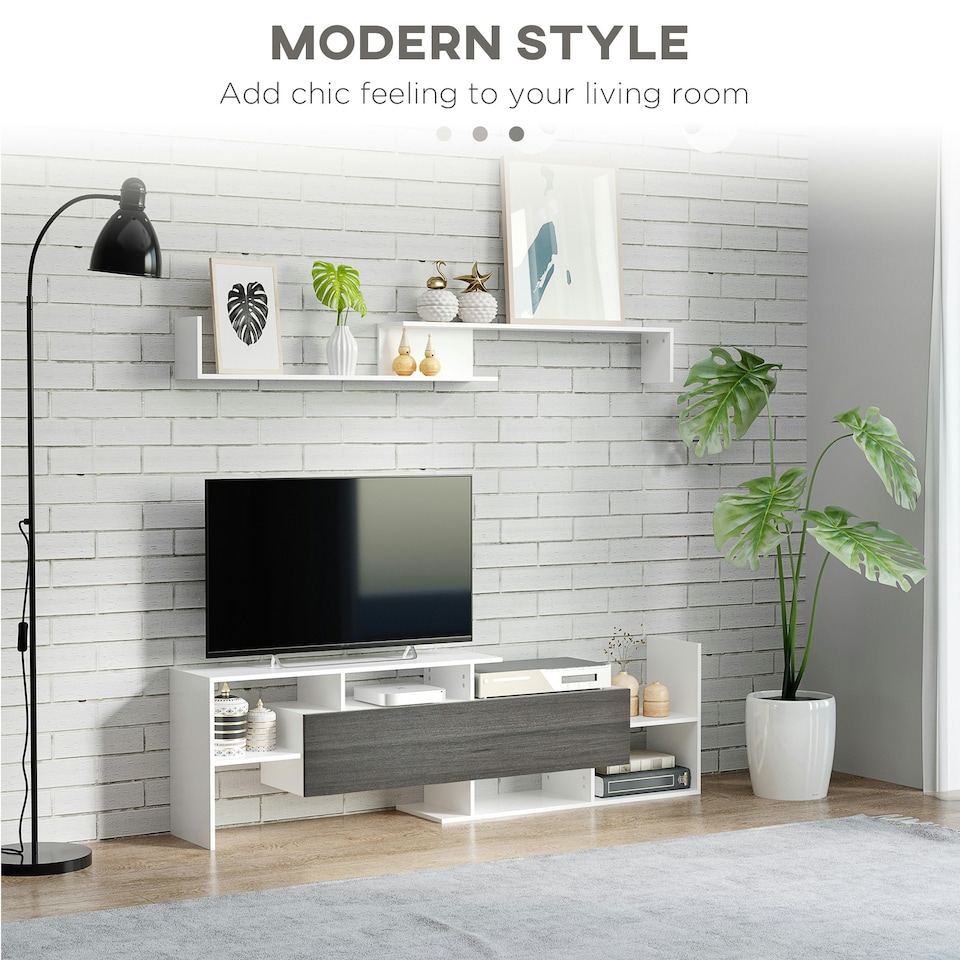 image 1 of HOMCOM TV Cabinet Unit w/ Wall-Mounted Shelf, Open Shelves Black and Brown White
