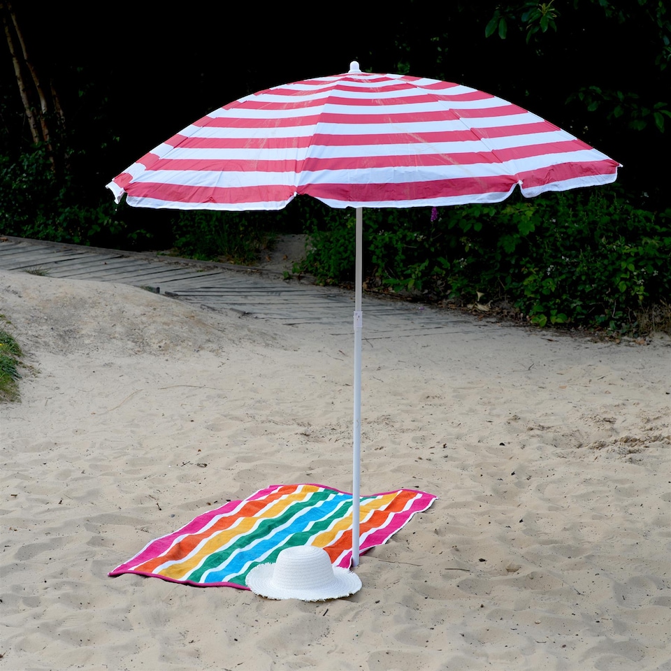 image 1 of The Magic Toy Shop Beach Parasol Red Striped Tilting Height Adjustable Portable Sun Shade