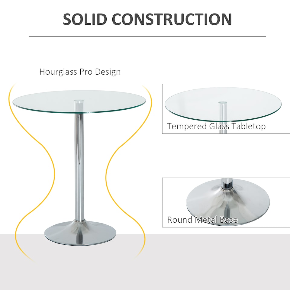 image 1 of HOMCOM Round Bar Table, Modern Dining Table with Tempered Glass Top and Steel Frame for 2, Easy Assembly for Breakfast Bar, Dining Room, 70 x 70 x 74.5cm, Clear