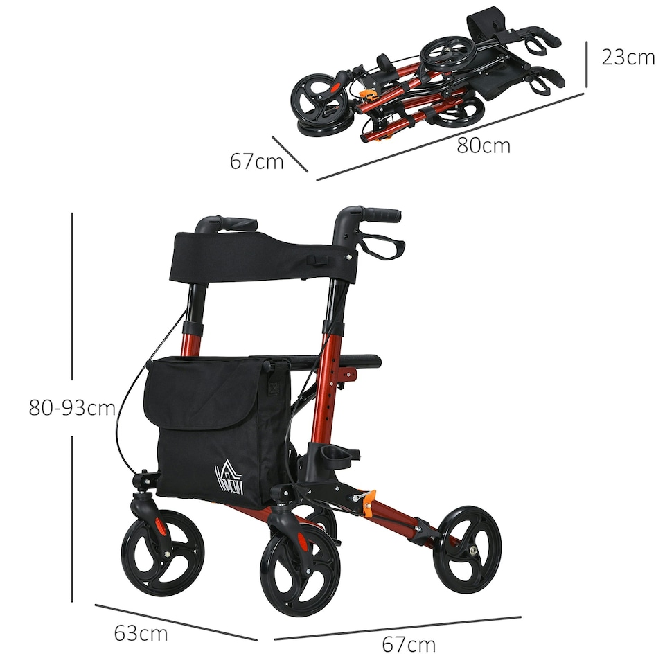 image 1 of HOMCOM 4 Wheel Rollator Walker, Adjustable Mobility Walker with Bag, Red
