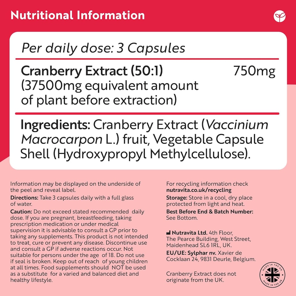image 1 of Nutravita Max Strength Cranberry 37,500mg - Daily Supplement for Women - 50:1 Pure Cranberry Extract Supplement - Made in The UK - 180 Vegan Capsules