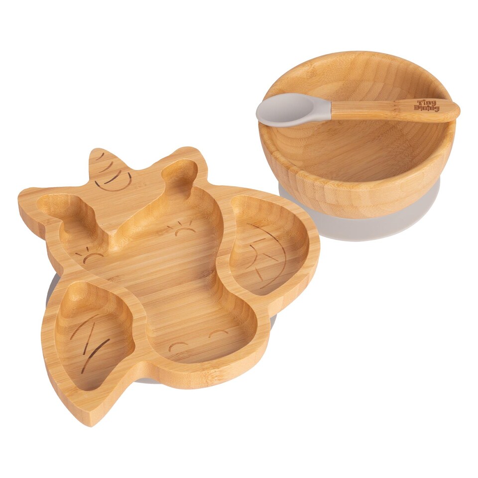 image 1 of Tiny Dining Children's Bamboo Suction Unicorn Dinner Set - Grey