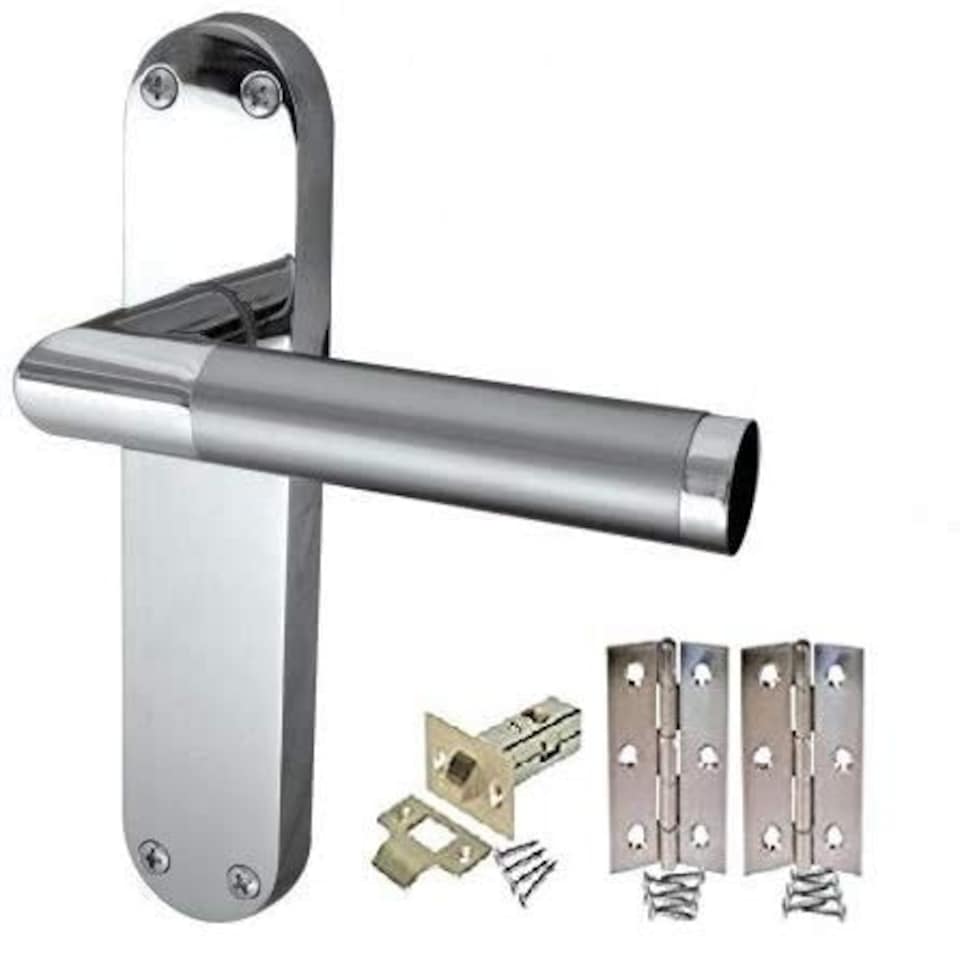 image 1 of Golden Grace Mitred Door Handle On Backplate Internal Set with Tubular Latch and Hinges in Duo Chrome Satin Finish, 4 Sets - 182mm x 45mm | Grey | 4 Set