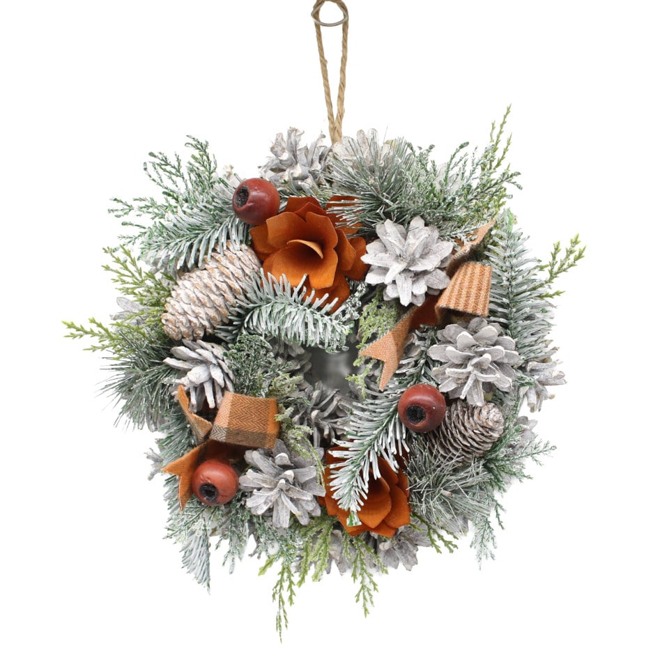 image 1 of Christmas Wreath Festive Decoration with Jute Hanger Traditional Pinecone Decor | Multi | Orange & White | 25cm | 1