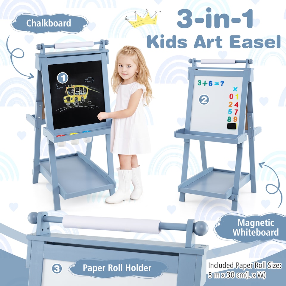 image 1 of COSTWAY Foldable Easel Kids 3-in-1 Double-sided Art Easel w/Chalkboard-Blue