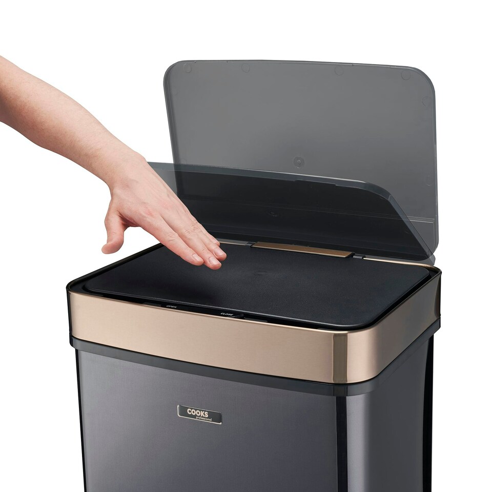 image 1 of Cooks Professonal Recycling Sensor Bin | 75L | 3 Compartments plus Food Caddy | Stainless Steel | Black & Copper