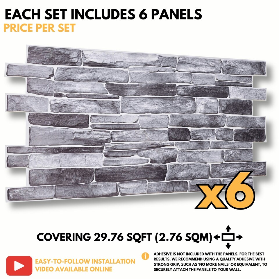 image 1 of NOVECRAFTO 3D Stone Slate Wall Panels – 6 PVC Sheets, Covers 2.76 sqm (29.76 sq ft), 96x48cm Each – Silver Grey Stone Effect Decorative Wall Cladding