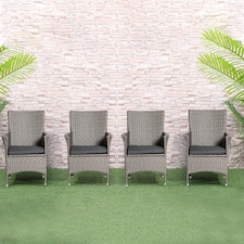 Outsunny 4 Pieces Outdoor PE Rattan Dining Chairs Set with Cushion, Garden Armchair with Armrests, High Backrest, Metal Frame Patio Wicker Furniture, Grey