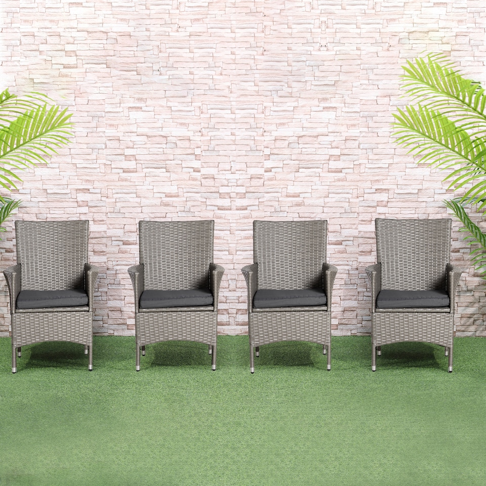 image 1 of Outsunny 4 Pieces Outdoor PE Rattan Dining Chairs Set with Cushion, Garden Armchair with Armrests, High Backrest, Metal Frame Patio Wicker Furniture, Grey