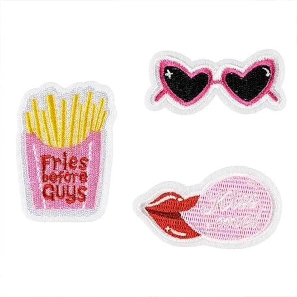 image 1 of Kiss Me & Fries Before Guys Pink Iron On Patches - Pack of 3