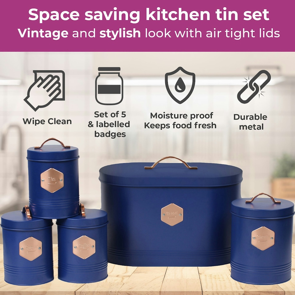image 1 of Retro Inspired Matt & Copper 5 Piece Kitchen Canister Set Navy