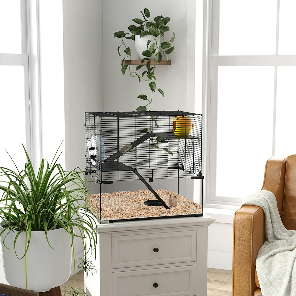 image 1 of PawHut 3 Tiers Hamster Cage w/ Deep Glass Bottom, Dish, Hut, 60 x 40 x 54.5cm
