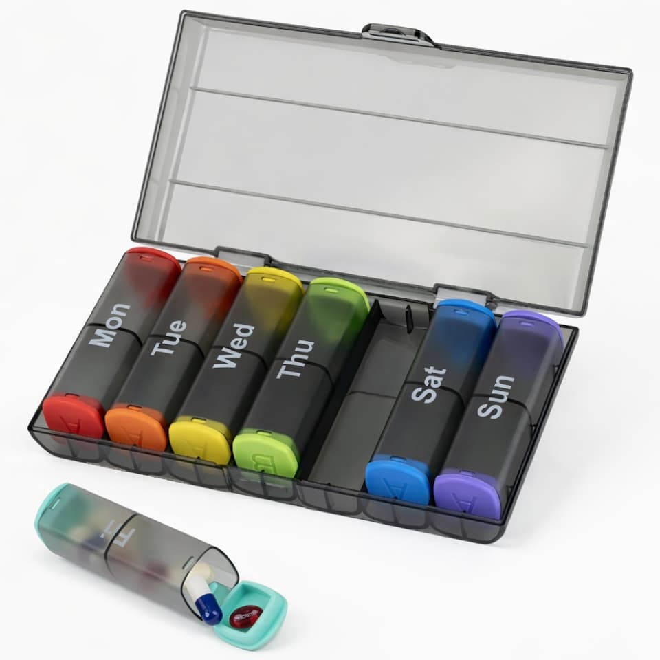 image 1 of Fineway Weekly Pill Organiser Morning/Evening with Storage Box - 7 Day Colour-Coded - Transparent