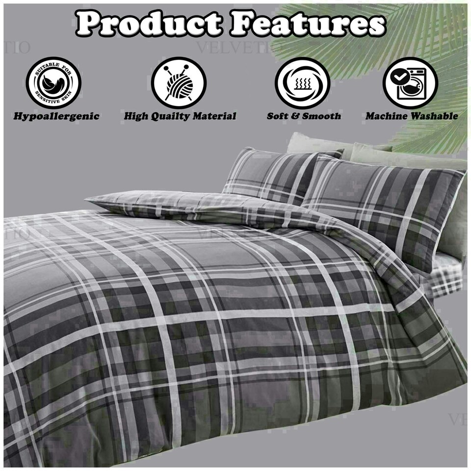 image 1 of Newton Tartan Check Duvet Cover Set Reversible Polycotton Beddings Grey | Double
