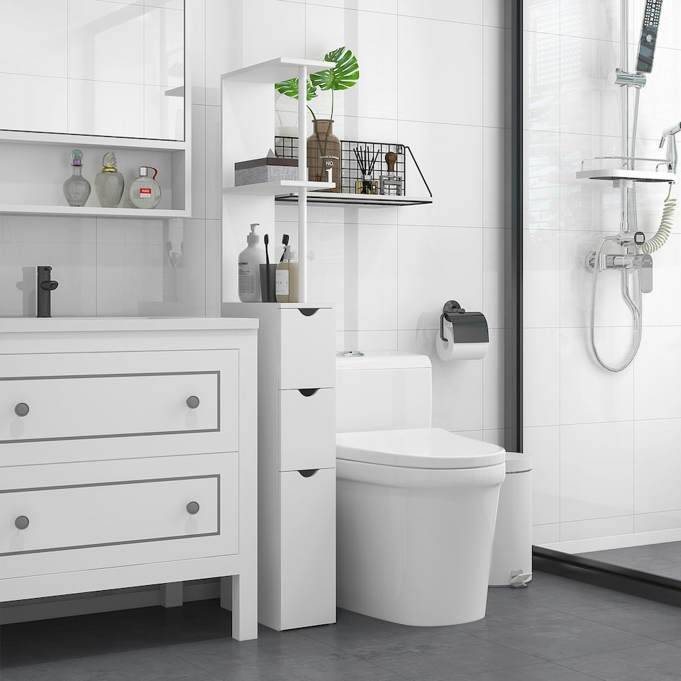 image 1 of HOMCOM Tall Bathroom Storage Cabinet with Shelf and Drawers, White, Grey