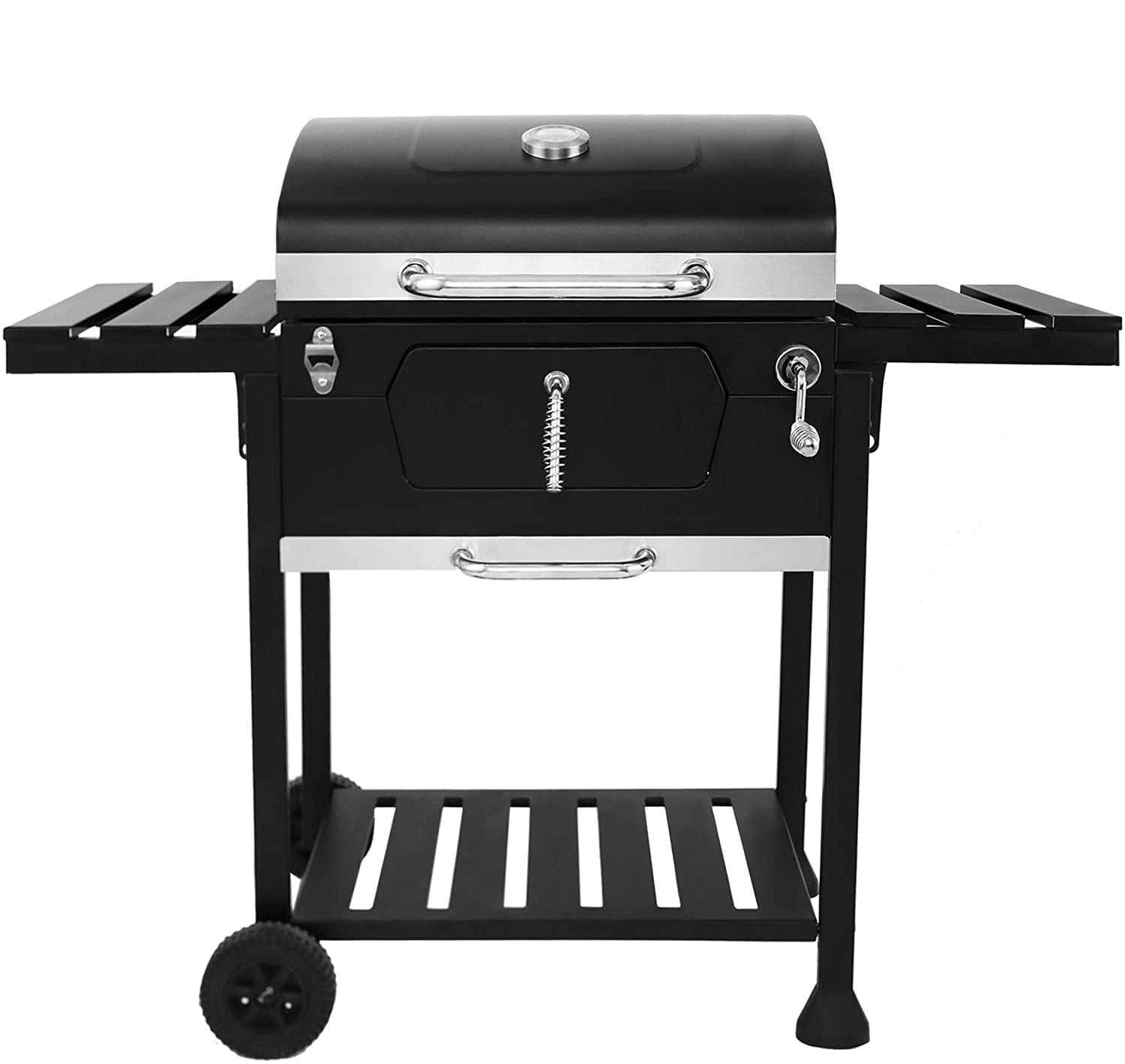 Black Charcoal Grill BBQ Trolley Wheels Two Arm Garden Smoker Shelf Side Steel With Cover
