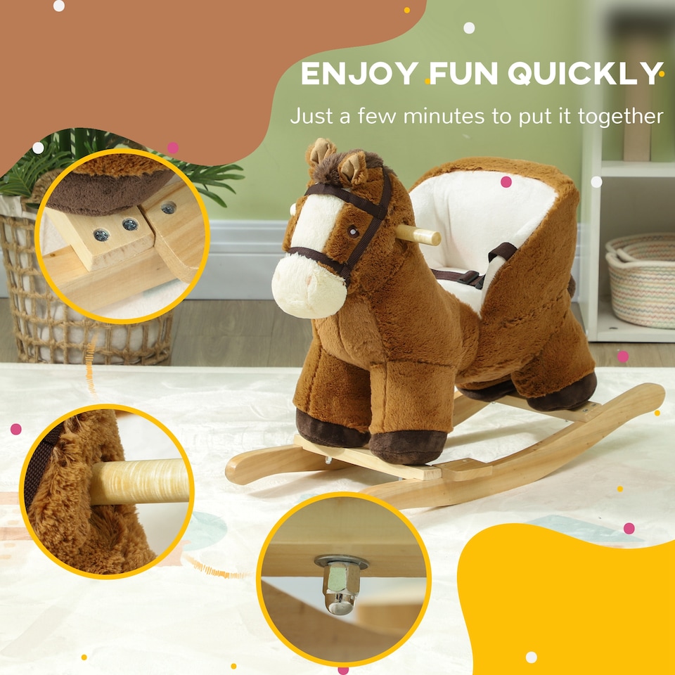 image 1 of AIYAPLAY Kids Rocking Horse, Plush Ride on Horse, with Sound, Wood Base, Seat Safety Belt, for Ages 18-36 Months, Brown