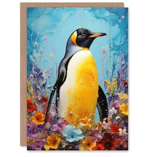 King Floral Flowers Colourful Fun Penguin Birthday Card