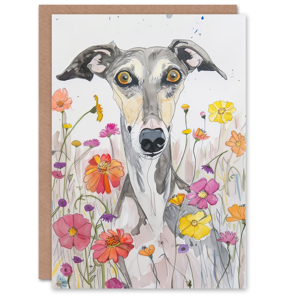 image 1 of Greeting Card Cute Whippet in Wildflowers Dog Lover Watercolour