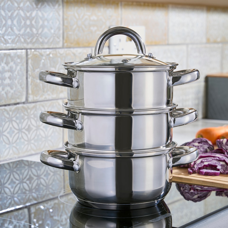 image 1 of Cooks Professional 3 Tier Stainless Steel Steamer Pan - Suitable for All Hobs | Silver | 16cm