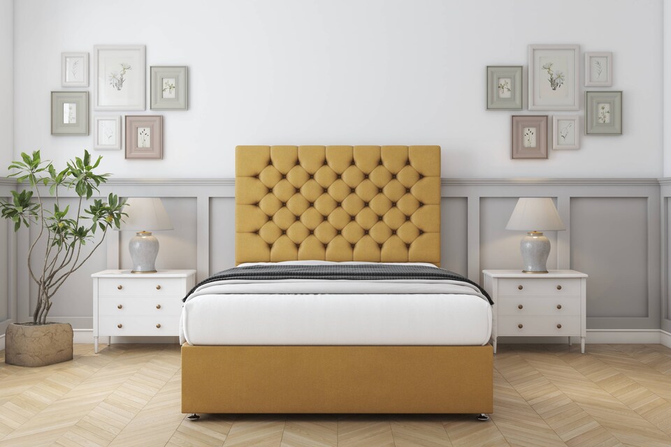 image 1 of Sloomy Mayfair Mustard Plush Divan Bed Base 2 Drawers Same Side With 26 Inch Strutted Headboard | Gold | Mustard | King | 1
