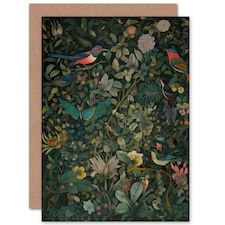 Birds on Flowering Shrub Folk Art Spring Nature Greeting Card