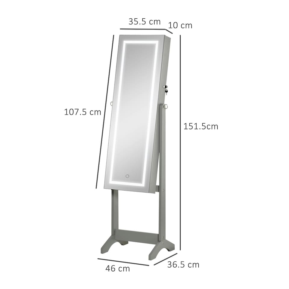 image 1 of HOMCOM Mirrored Jewellery Cabinet W/ LED Light Lockable Jewellery Armoire Grey