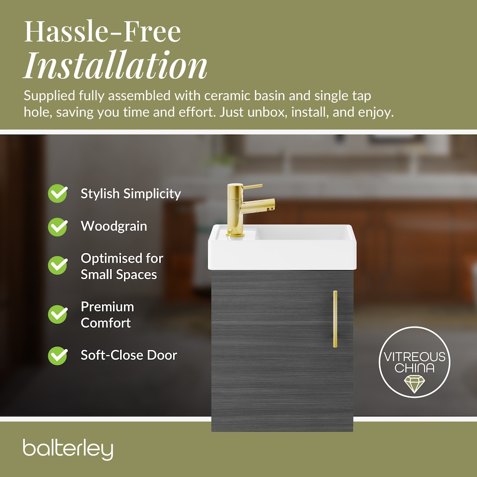 image 1 of Wall Hung Vanity Basin 400mm Anthracite & Brushed Brass Handle | Grey | Anthracite Woodgrain | 520 x 405 x 222mm